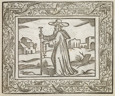 Un uomo che tiene un bastone e un crocifisso, illustrazione da 