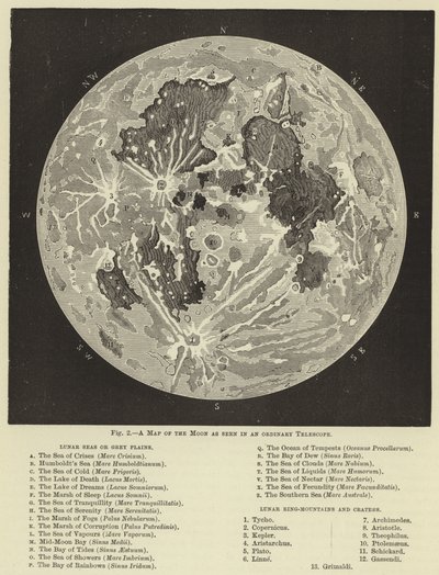 Una mappa della luna vista in un telescopio ordinario da English School