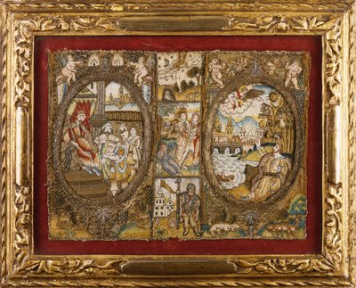 Rilegatura di libro ricamata raffigurante scene religiose con un re seduto e un angelo che si rivolge a un uomo vicino a un fiume da English School