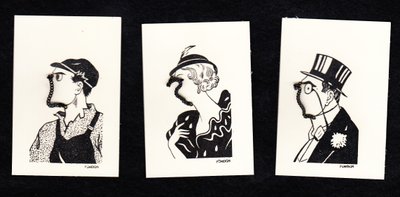 Set di tre carte da gioco con i volti di due uomini e una donna, 1920 circa (monocromo) da English School
