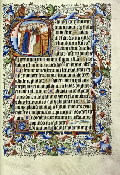 Una pagina di un salterio in latino, con una lettera istoriata raffigurante un gruppo di monaci davanti a un leggio che cantano, c.1455 da English School