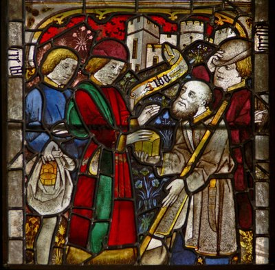 Un pannello nella finestra est che raffigura le Opere di Misericordia: nutrire gli affamati da English School