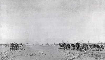 Una pattuglia del 14° Ussari con il Comandante Tenente Colonnello R.W. Hewitt DSO che si avvicina per prendere la resa turca alla resa di Kazimain, 11 marzo 1917, pubblicato c.1918 da English School