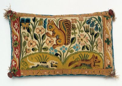 Pannello di arazzo per cuscino con uno scoiattolo e il motto 