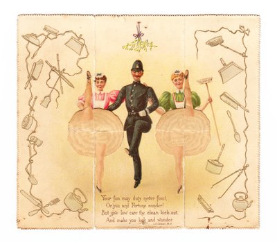 Una cartolina pop-up di un poliziotto e due donne che fanno il calcio alto, c.1920 da English School