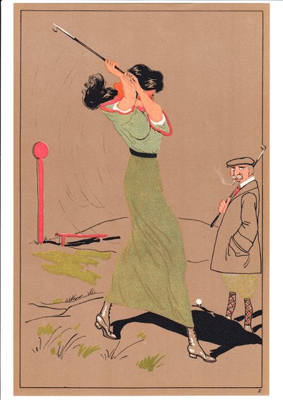 Stampa di due golfisti in pose comiche e umoristiche, c.1920 da English School