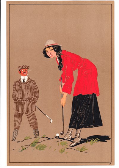 Stampa di due golfisti in pose comiche e umoristiche, c.1920 da English School