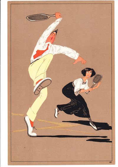 Una stampa di due giocatori di tennis in pose comiche e umoristiche, c.1920 da English School