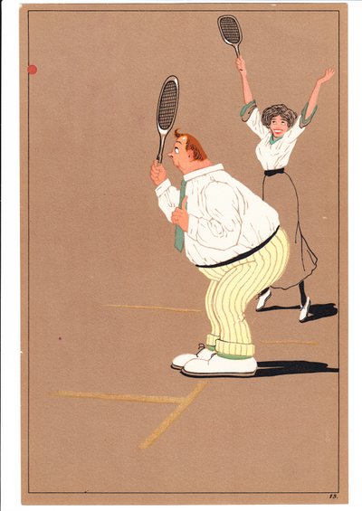 Una stampa di due tennisti in pose comiche e umoristiche, c.1920 da English School