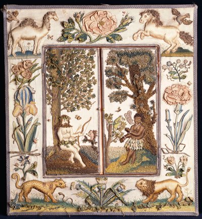 Specchio ricamato a rilievo raffigurante un cacciatore primitivo con arco e frecce, e un moro con un pappagallo, la cornice con un cammello, cavallo, leone, leopardo, rosa, iris e altri fiori da English School