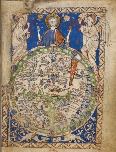 Mappa rotonda del mondo, inserita in una cornice ornamentale quadrata, con Gerusalemme al centro, una zona di venti, figure di abitanti, ecc. da English School