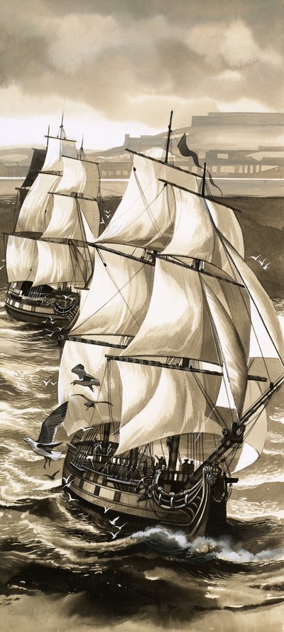 Una salve di cannoni accompagnò la partenza di Jean de La Perouse per un viaggio di esplorazione al largo del Pacifico. da English School