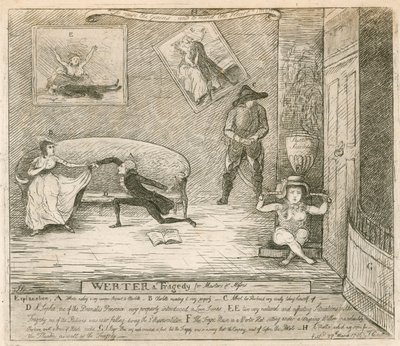 Una scena dalla burlesca di F. Reynolds Werter, rappresentata per la prima volta al Teatro di Covent Garden, Londra, il 14 marzo 1786 da English School