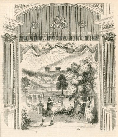 Una scena della commedia Re Artù, Teatro Drury Lane, Londra da English School