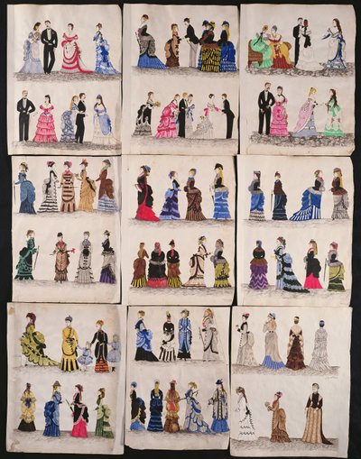 Una selezione di mode vittoriane tra cui abiti da ballo e da passeggio, c.1876 da English School