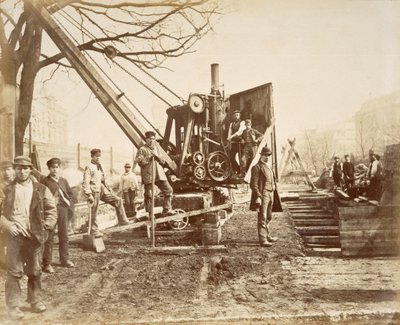 Una gru a vapore in funzione durante la costruzione della Circle Line a Paddington, Londra, c.1890 da English School