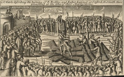 Una tavola che descrive il rogo del vescovo Ridley e del padre Latimer a Oxford da English School
