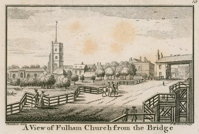 Veduta della Chiesa di Fulham, Londra, dal Ponte di Fulham da English School