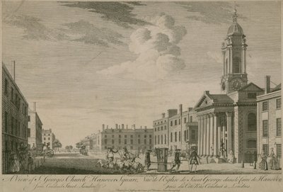Una vista della chiesa di St Georges, Hanover Square, da Conduit Street, Londra da English School
