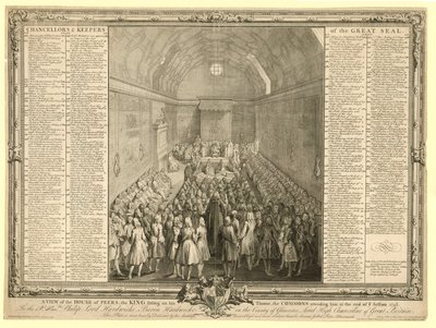Veduta della Camera dei Lord, il re seduto sul suo trono, i Comuni che lo attendono alla fine della sessione 1741 da English School