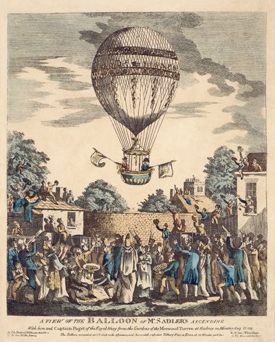 Veduta della mongolfiera del signor Sadler che sale con lui e il capitano Paget della Royal Navy dai giardini della Mermaid Tavern di Hackney lunedì 12 agosto. da English School