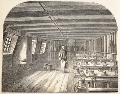 Un reparto a bordo della nave Defence hulk organizzato per il ritorno dei detenuti a cena, illustrazione da The Criminal Prisons of London and Scenes from Prison Life di Henry Mayhew e John Binny, pub. 18 da English School