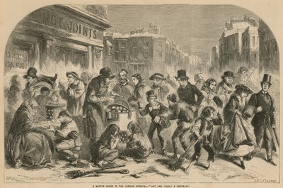 Una scena invernale nelle strade di Londra - caldo e freddo: un contrasto da English School