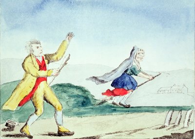 Una strega spaventa un uomo con un bastone, c.1790 da English School