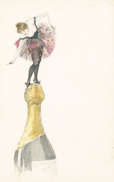 Una donna in piedi sopra una bottiglia di champagne da English School