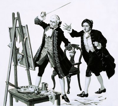 Un giovane uomo tagliò con una spada un ritratto poco lusinghiero di suo padre di Hogarth da English School