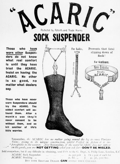 Pubblicità del reggicalze Acaric, 1898 da English School