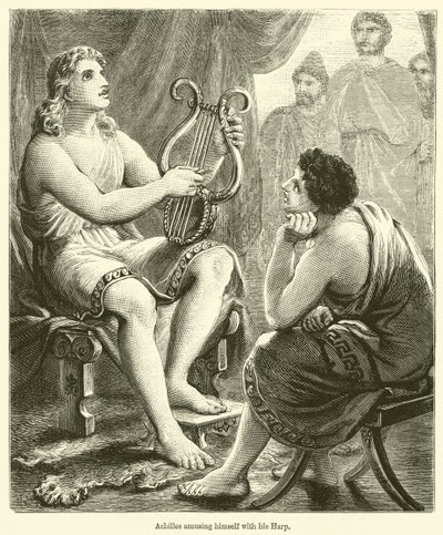 Achille che si diverte con la sua arpa (incisione) da English School