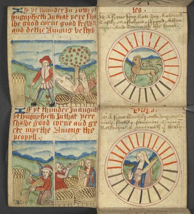 Leone e Vergine, da Almanacco, contenente tabella delle lettere dominicali e numeri d