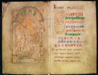 La regina Emma, moglie di Ethelred II e Cnut, riceve il libro dal suo autore; Capitale 