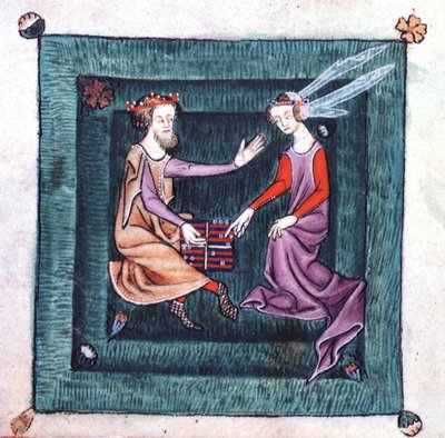 Un re e una dama seduti in un giardino, che giocano a un gioco da tavolo simile al backgammon, dal Salterio di Luttrell, iniziato prima del 1340 per Sir Geoffrey Luttrell da English School