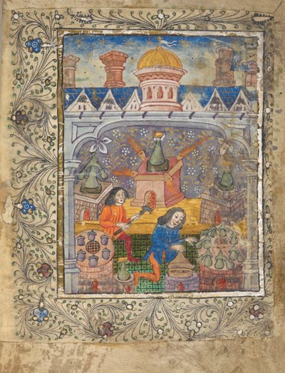 Sette fornaci con alambicchi, sorvegliate da due uomini, sotto un tetto con cupola e camini, c.1477 da English School