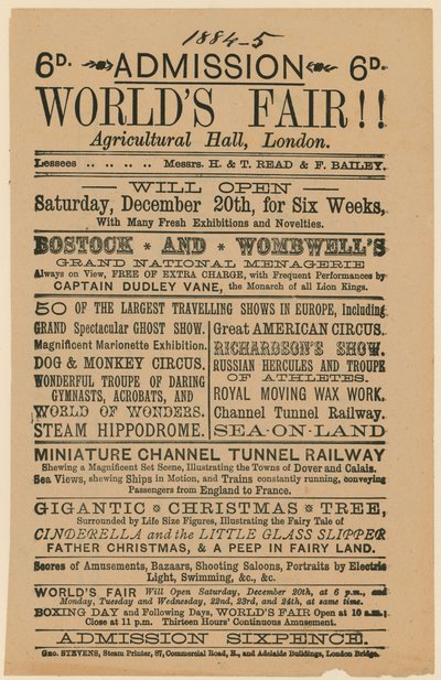 Ingresso alla Fiera Mondiale, Sala Agricola, Islington, 1884-85 da English School