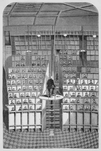 Scuola per adulti nella cappella, sul sistema separato, alla Surrey House of Correction, Wandsworth, da The Criminal Prisons of London and Scenes of Prison Life di Henry Mayhew e John Binny da English School