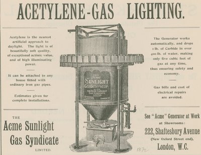 Pubblicità per Illuminazione a Gas Acetilene da English School