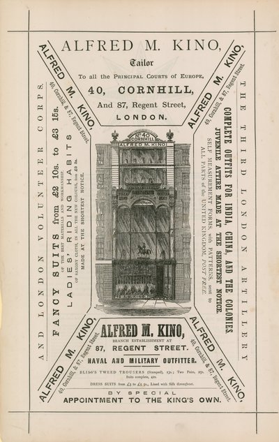 Pubblicità per Alfred M Kino, sarto, 40 Cornhill e 87 Regent Street, Londra da English School