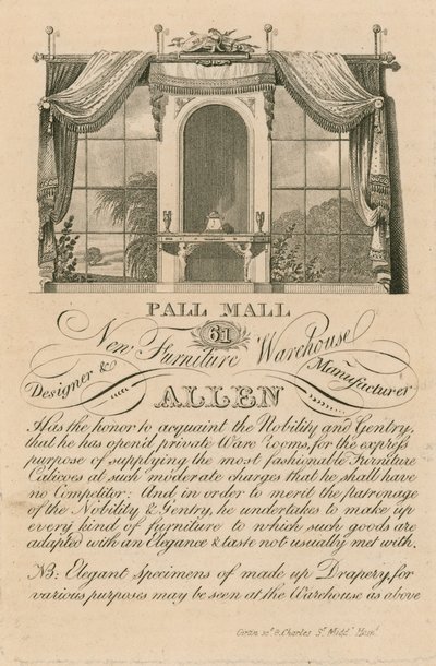 Pubblicità per il nuovo magazzino di mobili di Allen, 61 Pall Mall, Londra da English School