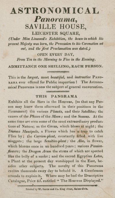 Pubblicità per il Panorama Astronomico, Saville House, Leicester Square, Londra da English School