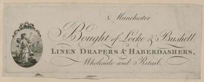 Pubblicità per Bought of Locke & Bushell, Manchester da English School