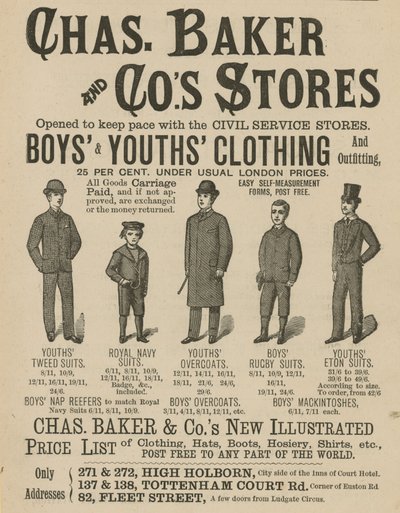 Pubblicità per i negozi Chas Baker & Co da English School