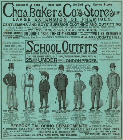 Pubblicità per i negozi Chas Baker & Co da English School