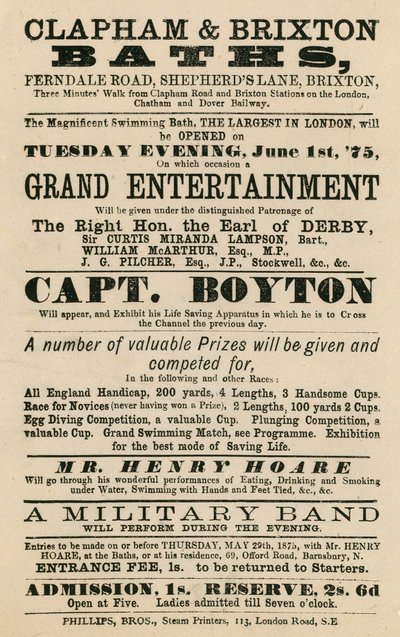 Pubblicità per Clapham and Brixton Baths, Ferndale Road, Shepherds Lane, Brixton, Londra; con Captain Boyton da English School