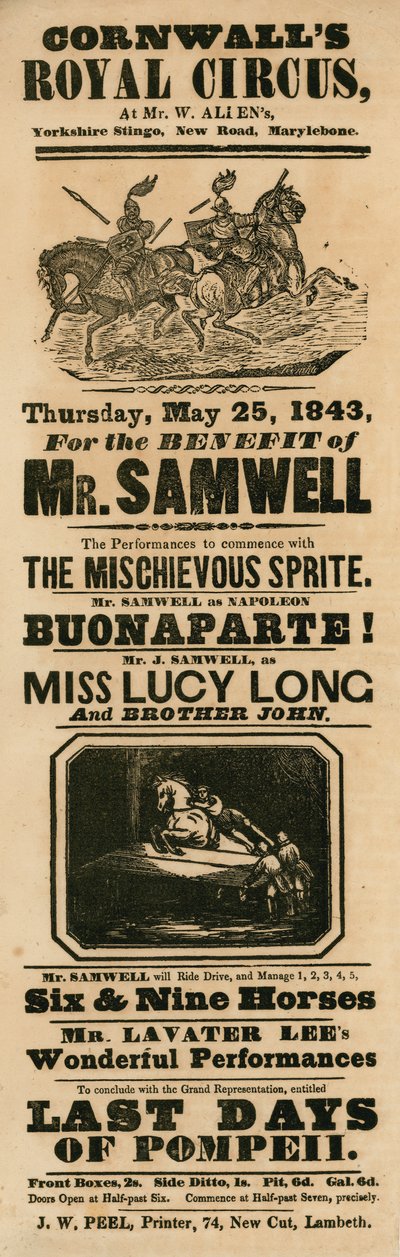 Pubblicità per il Circo Reale di Cornwall, Yorkshire Stinge, New Road, Marylebone, Londra da English School
