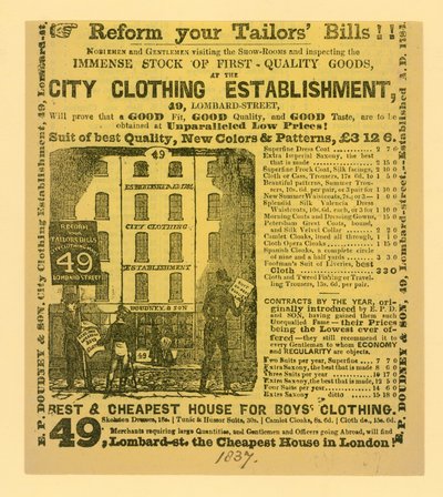 Pubblicità per Doudney & Son, City Clothing Establishment, 49 Lombard Street, Londra da English School