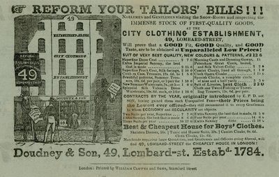 Pubblicità per Doudney & Son, City Clothing Establishment, 49 Lombard Street, Londra da English School