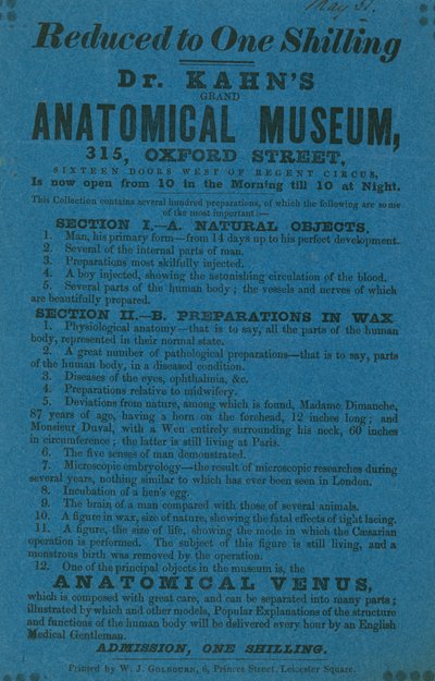Pubblicità per il Grant Anatomical Museum del Dr Khan da English School